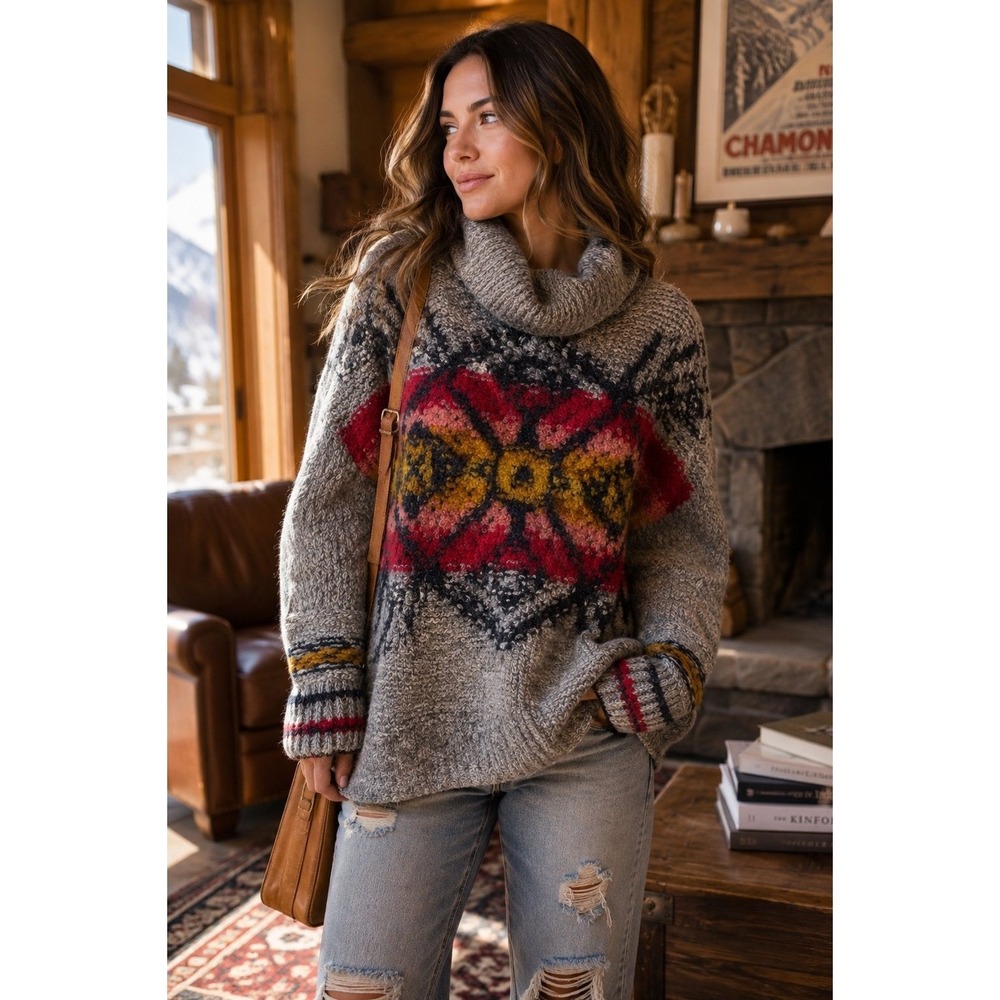Free People XS Gray Fair Isle Cowl Neck Oversized Wool Blend Sweater